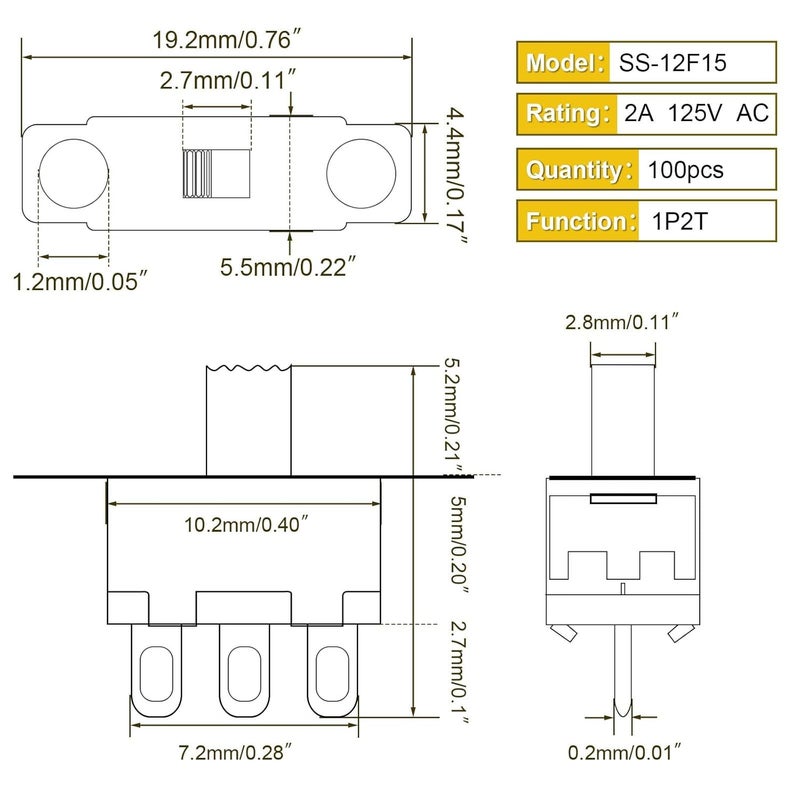 Juasky 100pcs Mini Micro Slide Switch 1p2t 2 Position 3 Pin Dip Miniature Vertical Slide Switch SS-12F15 for PCB Breadboard Electronic - Image 3